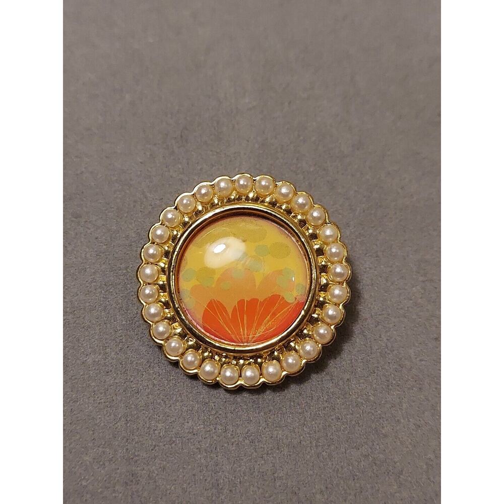 Avon Brooch Pin & Pendant Faux Pearl Floral Circle Red Orange Green, Gold Tone